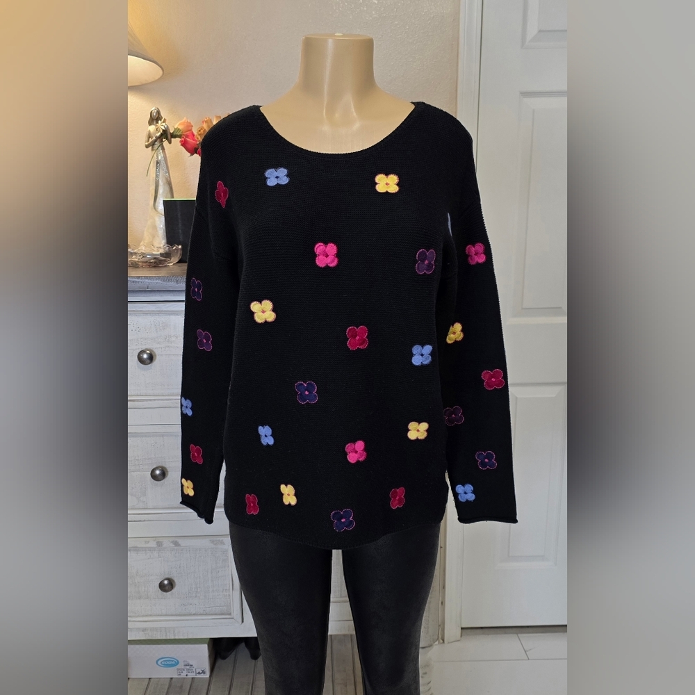 Orly Black Crewneck Sweater with Multicolor Floral Appliqués